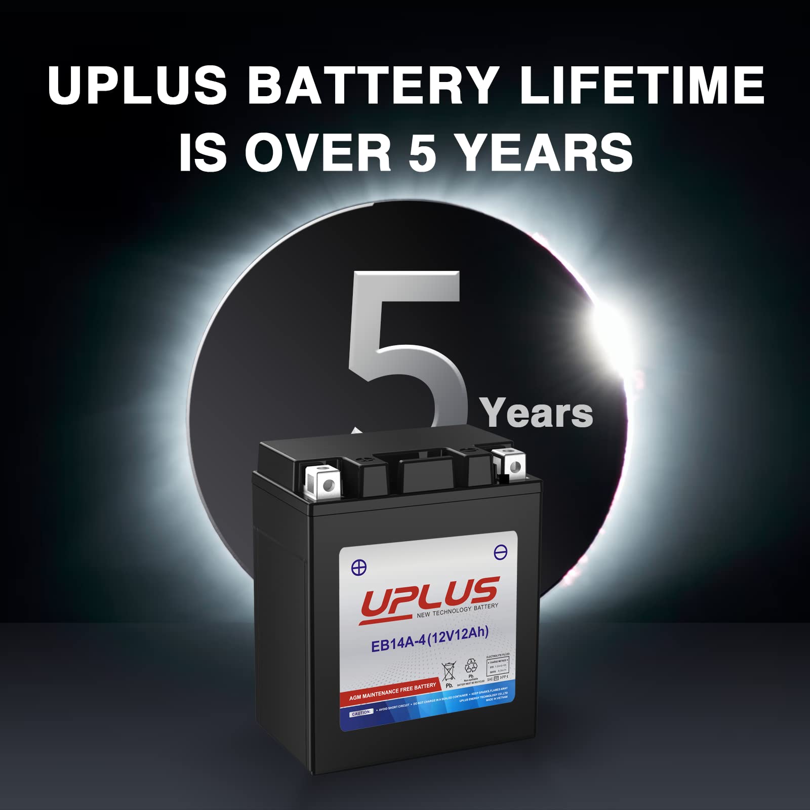 UPLUS ATV Battery YTX14AH-BS - Maintenance Free Sealed AGM, 5.24x3.54x6.46 inches, Black, Compatible with Yamaha, Honda, Suzuki