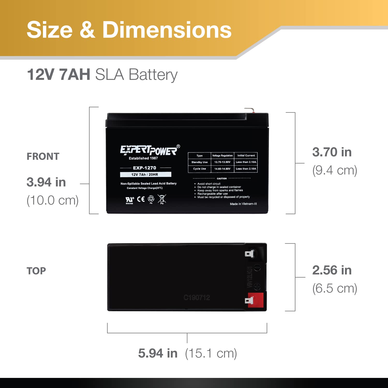 ExpertPower 12V 7Ah Rechargeable Sealed Lead Acid Battery - Black - Model EXP1270 - 1 Pack