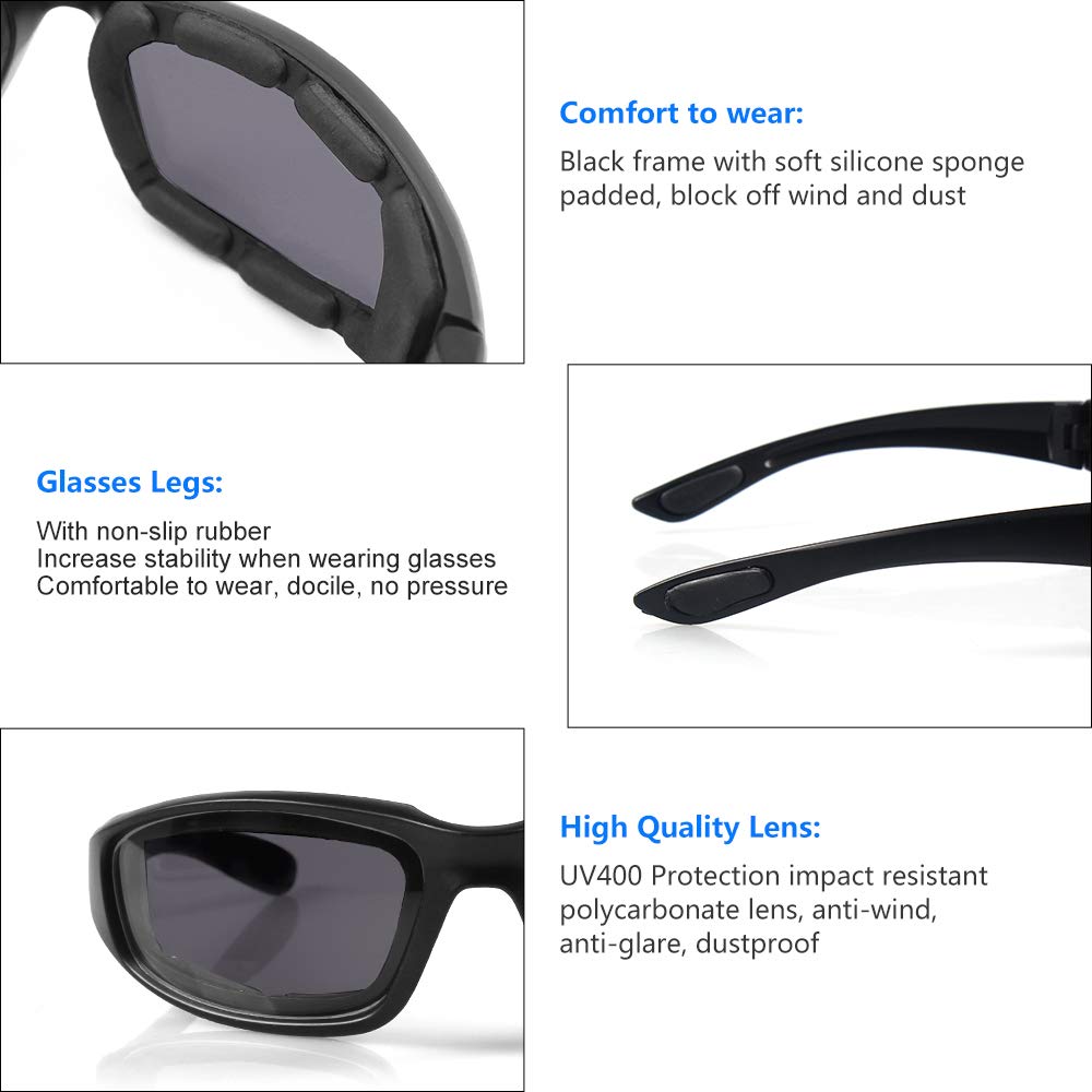 3 Pair Motorcycle Riding Glasses Padding Goggles Uv Protection Dustproof Windproofmotorcycle Sunglasses With Smoke/Dark Lens For Outdoor Sports Actives