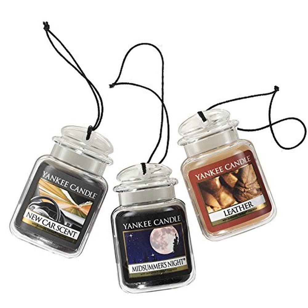 Yankee Candle Car Air Fresheners, Hanging Car Jar Ultimate 3-Pack, Neutralizes Odors Up To 30 Days, Includes: 1 Leather, 1 Midsu