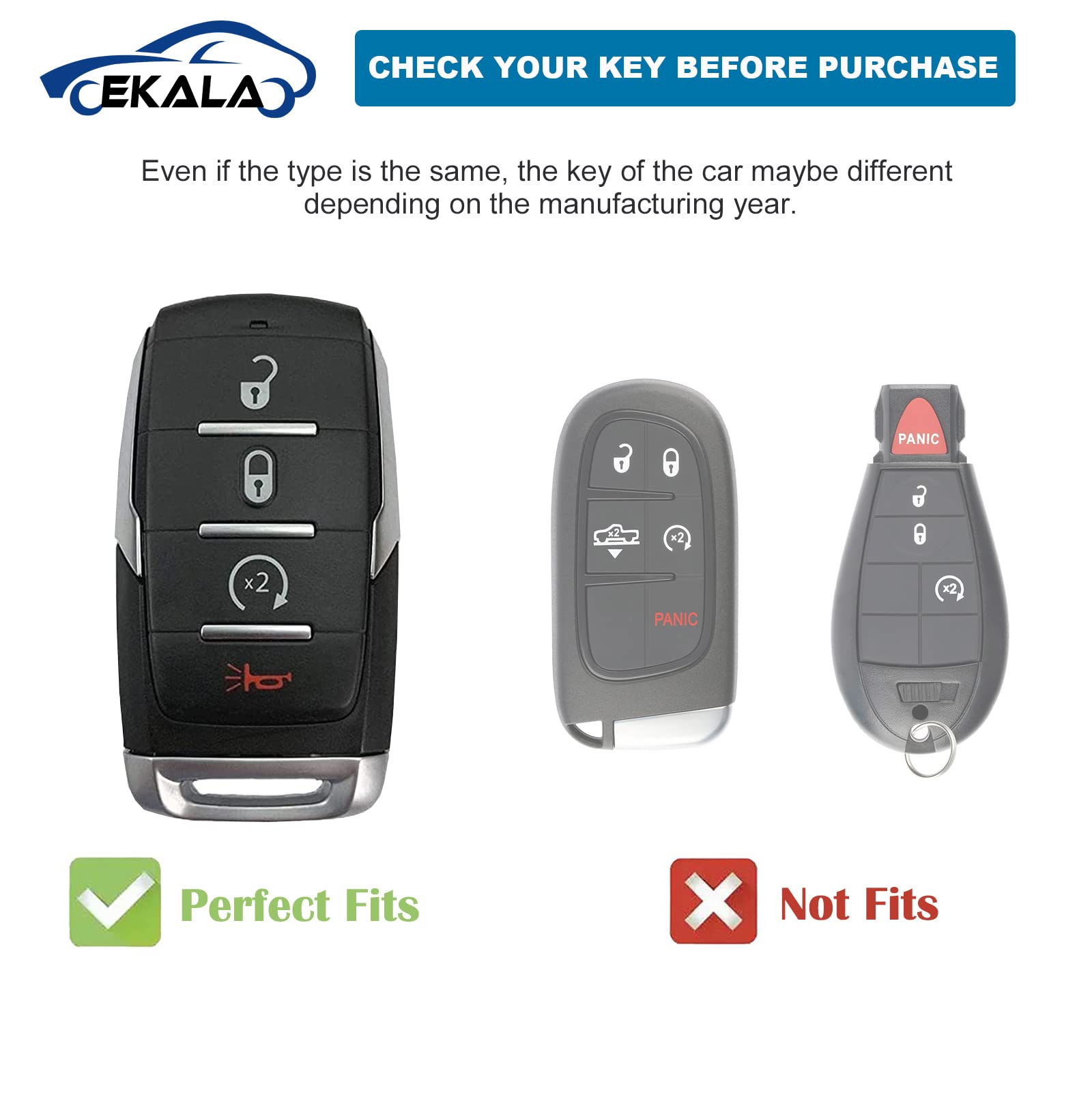 Ekala For Dodge Ram Key Fob Cover, 4 Buttons Soft Tpu Full Covers Protector Key Fob Holder With Leather Keychains Fit For 2019-2