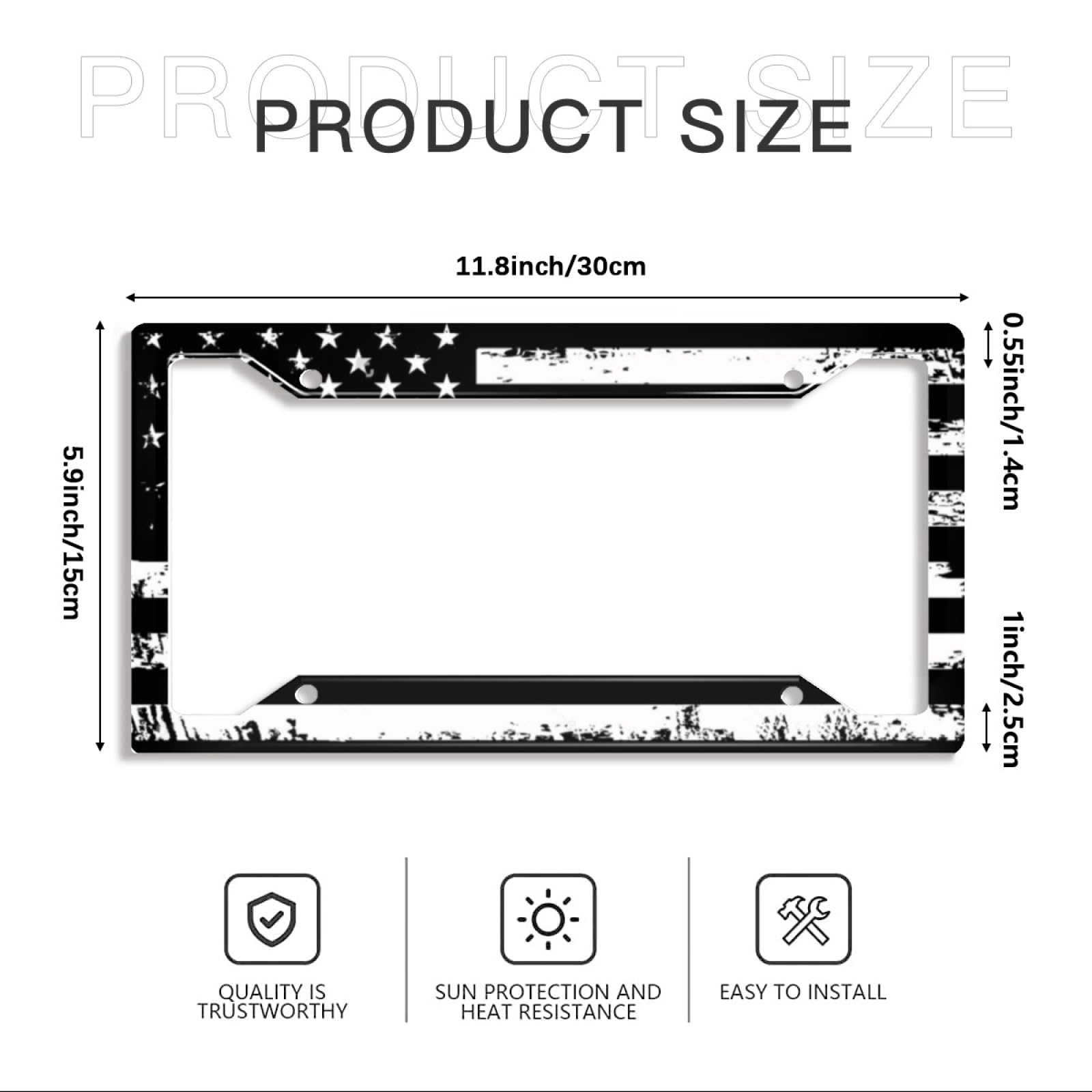 American Flag License Plate Frames- Retro Patriotic USA Black White Stars and Stripes Flag Aluminum Holder Cover with Stainless