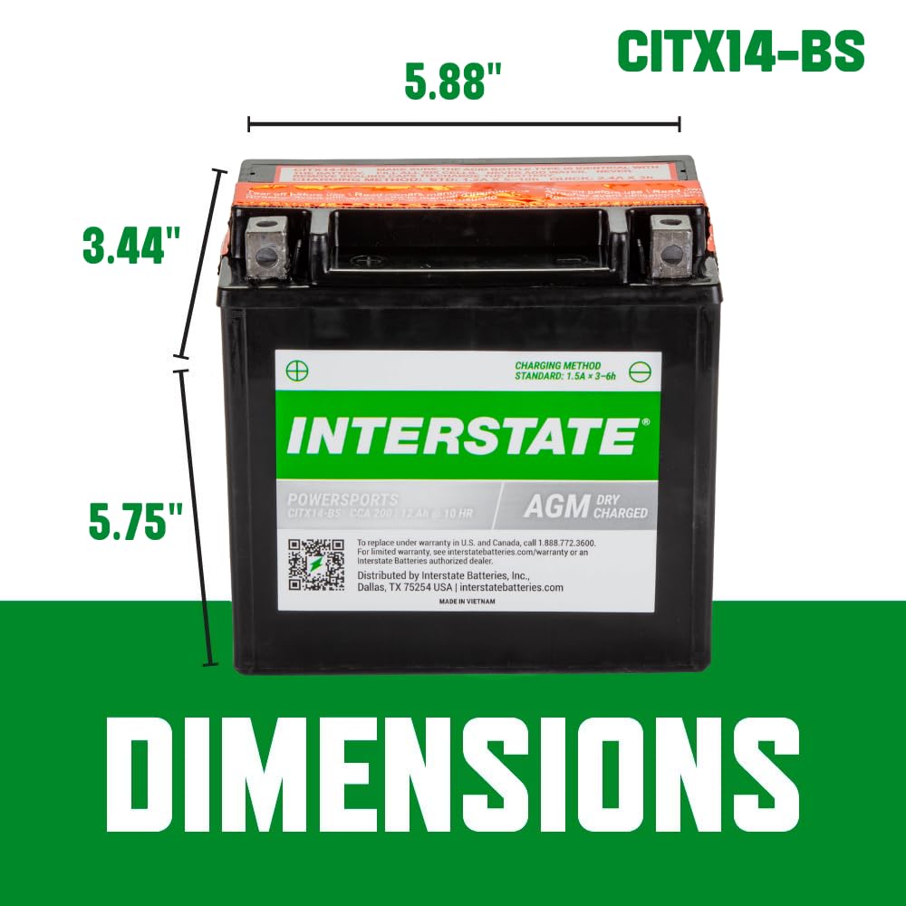 Interstate Batteries YTX14-BS 12V 12Ah AGM Powersports Battery for Motorcycles, ATVs, UTVs, Scooters, Snowmobiles - 200CCA Rechargeable
