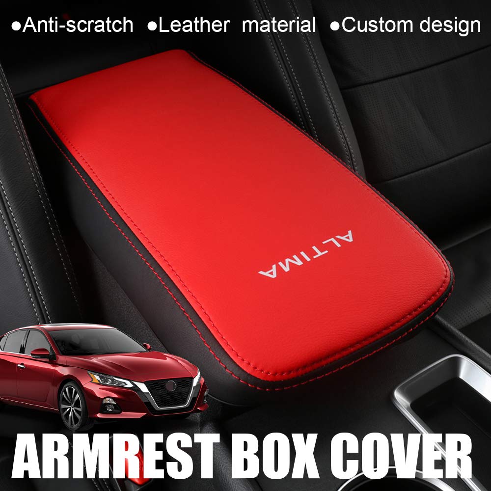 XITER Car Armrest Cover - Leather Pad for Nissan Altima 2019-2025, Black+Red Console Protector