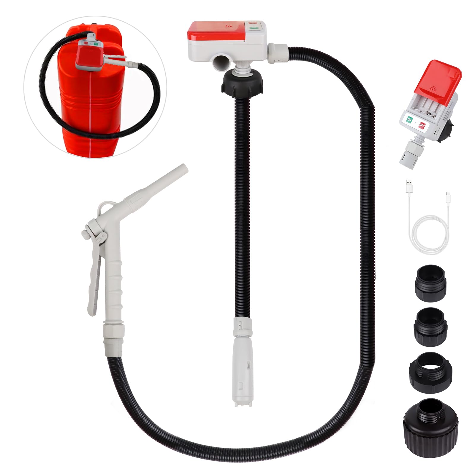 Fuel Transfer Pump (3.2GPM) with Hand Nozzle for Quick Stop Flow Control, 51 Hose Automatic Gas Pump with 4 Gas Can Fittings, US