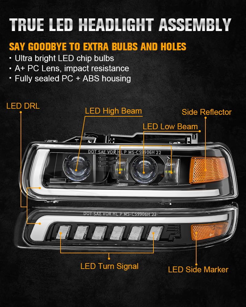 RAMJET4X4 LED Headlights Assembly for 1999-2002 Chevy Silverado, 2000-2006 Suburban/Tahoe, Hi/Low Beam, Black, Model RA-CS