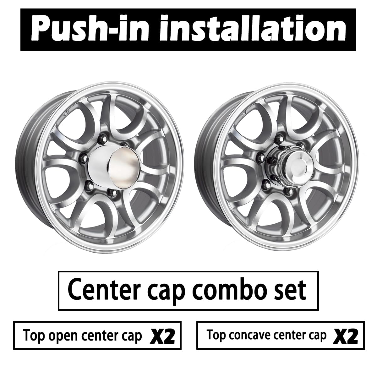 Rheedal 4Pcs 4.25" Chrome Trailer Wheel Center Caps, Carbon Steel, Mirror Polished, Concave & Open Styles for Truck/SUV/RV