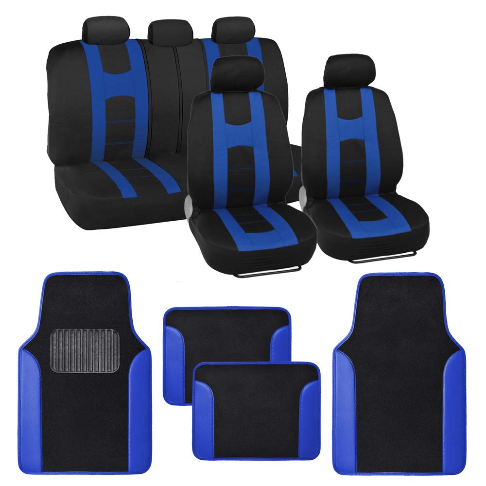 carXS Forza Series Blue Seat covers Full Set combo with car Floor Mats - Front and Rear Bench Seat cover & Floor Mat Protector S
