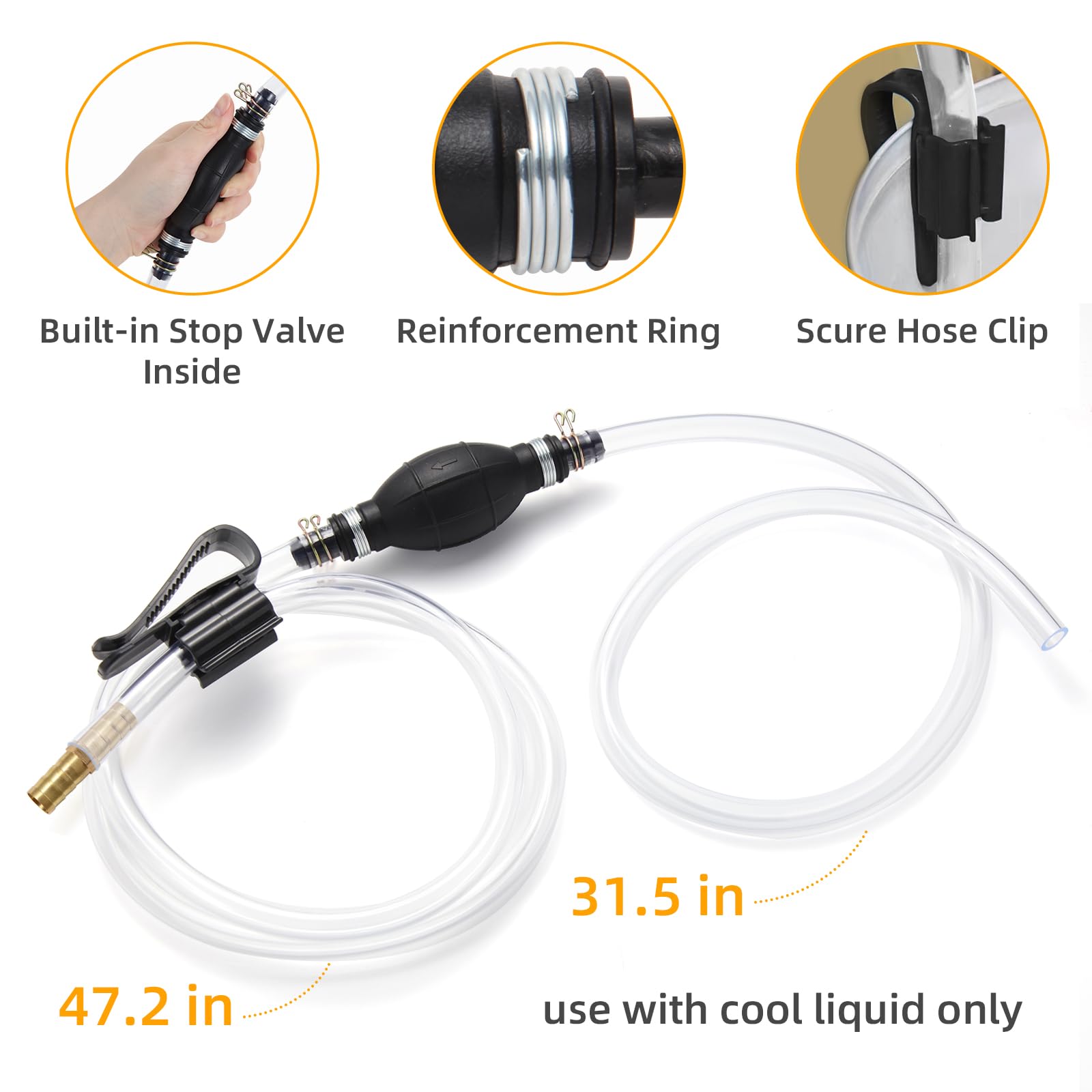 H-Veenjor Gasoline Siphon Hose Pump, Hand Fuel Transfer Pump, High Flow Gas Siphon Pump For Water Gasoline Oil Petrol Diesel, Ma