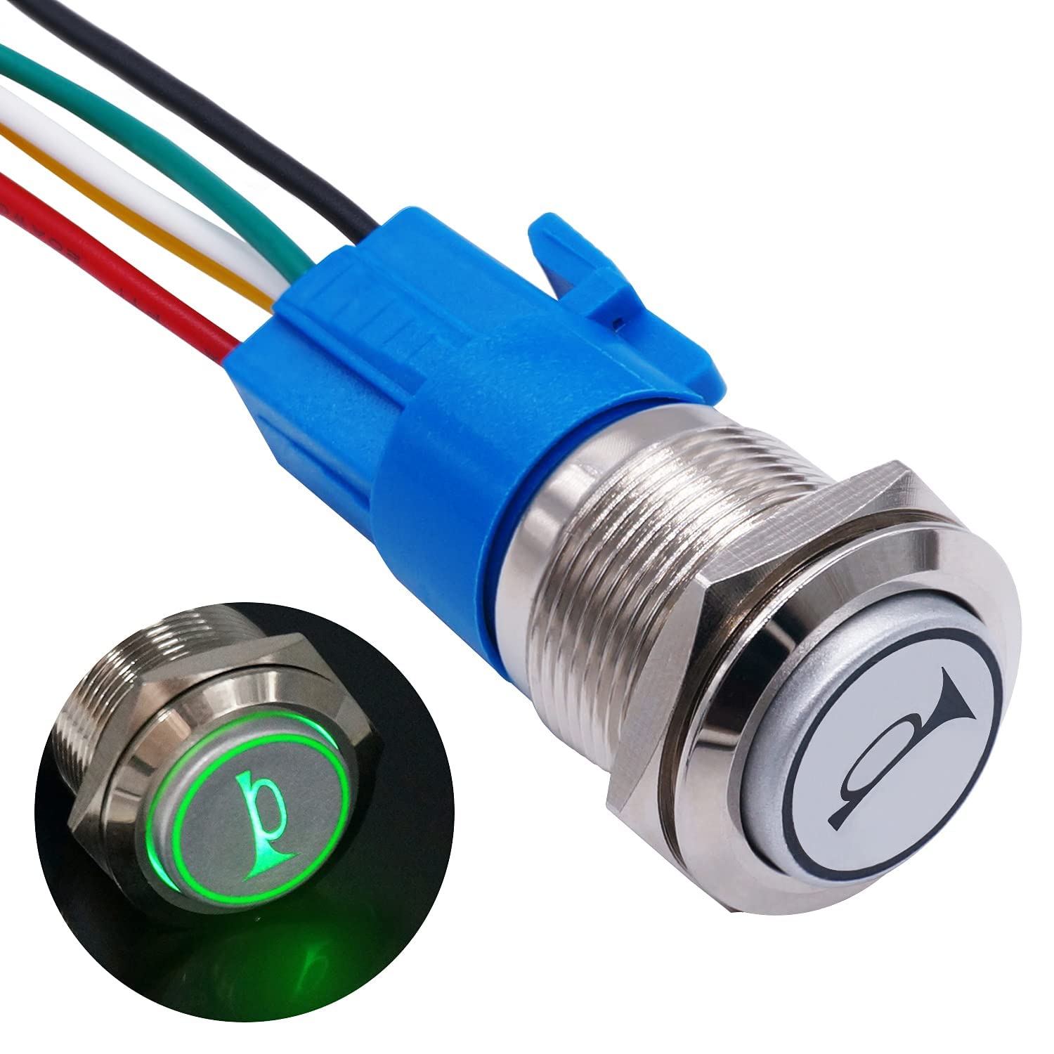 Twtade/19Mm 12V Car Horn Push Button Green Led Lighted Momentary Metal Speaker Air Horn Toggle Switch With Wires Horng19-G