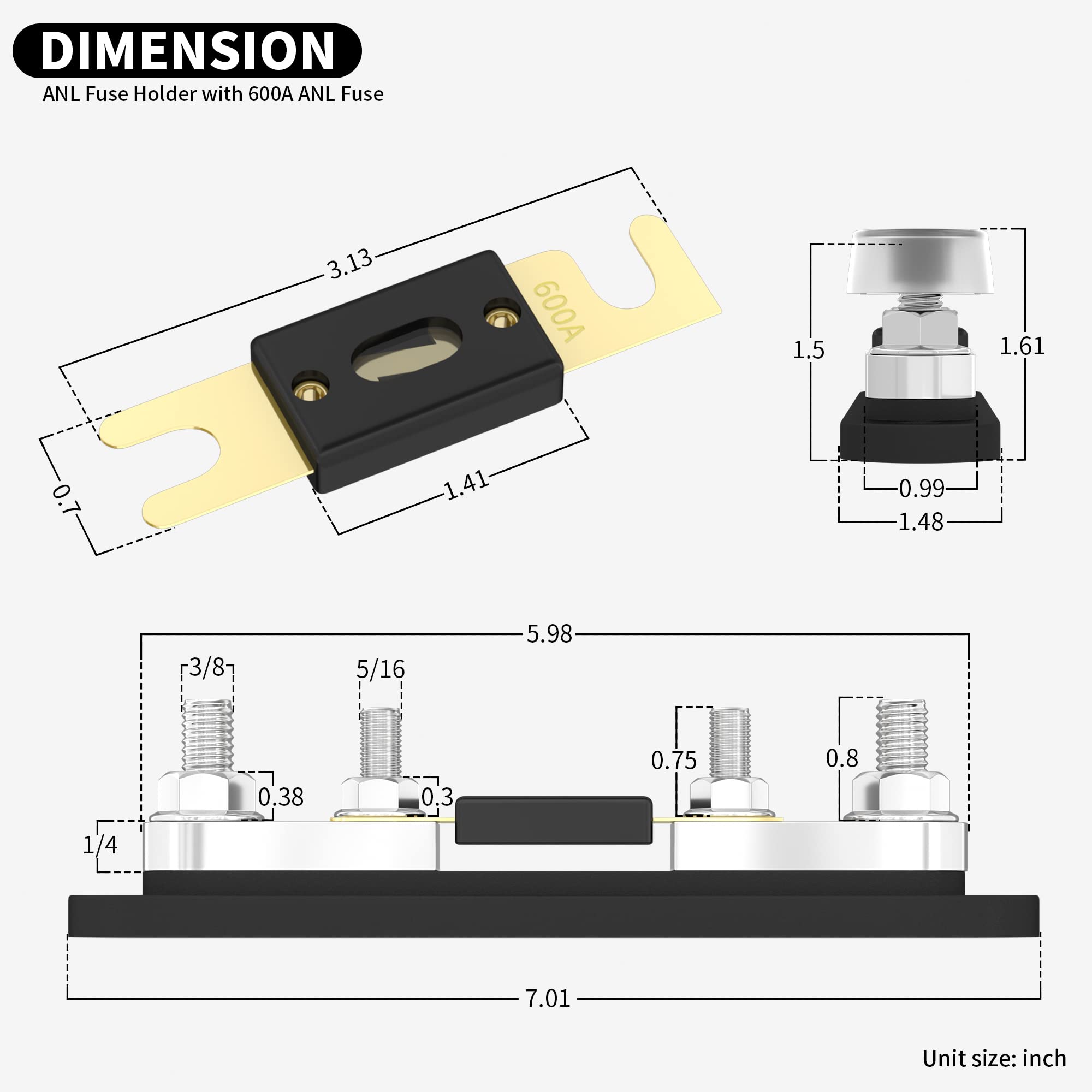 Daiertek Anl Fuse Holder With 600 Amp Anl Fuse M10 Stud Terminals Max 750A Marine Anl Fuse Block With Gold Plated 600A Anl Fuse For Automotive Car Truck Boat