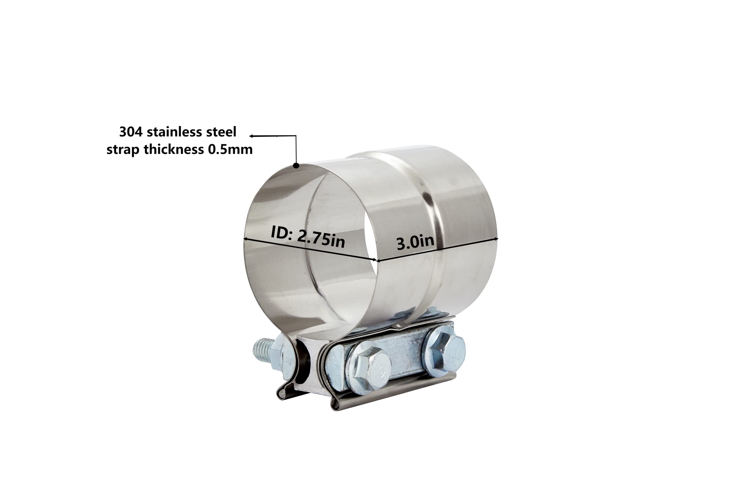 Floshine 2.75 In Lap Joint Band Clamps,Exhaust Muffler Clamp 2 Pcs,2.75 Exhaust Pipe Clamps Preformed Stinless Steel