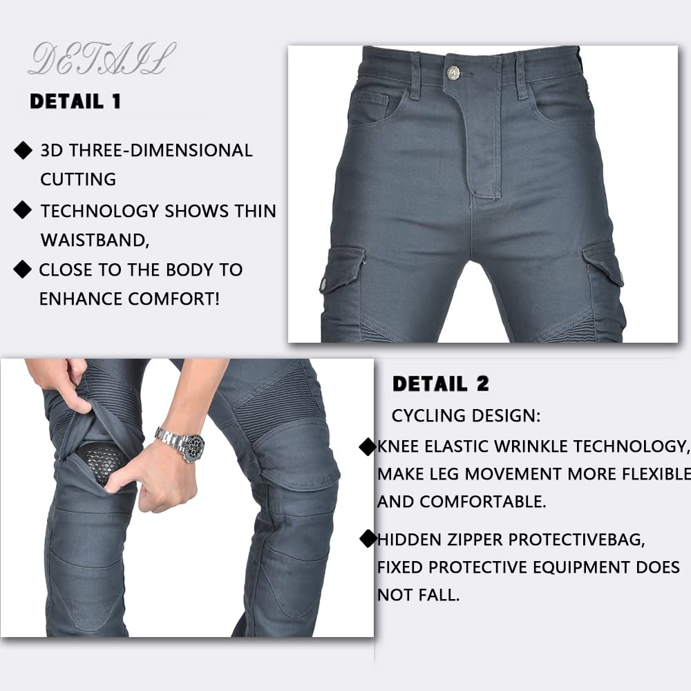 LOMENG Motorcycle Pants Motorbike Riding Denim Jeans Biker Motocross Pants with CE Removable Armored for Men Grey L