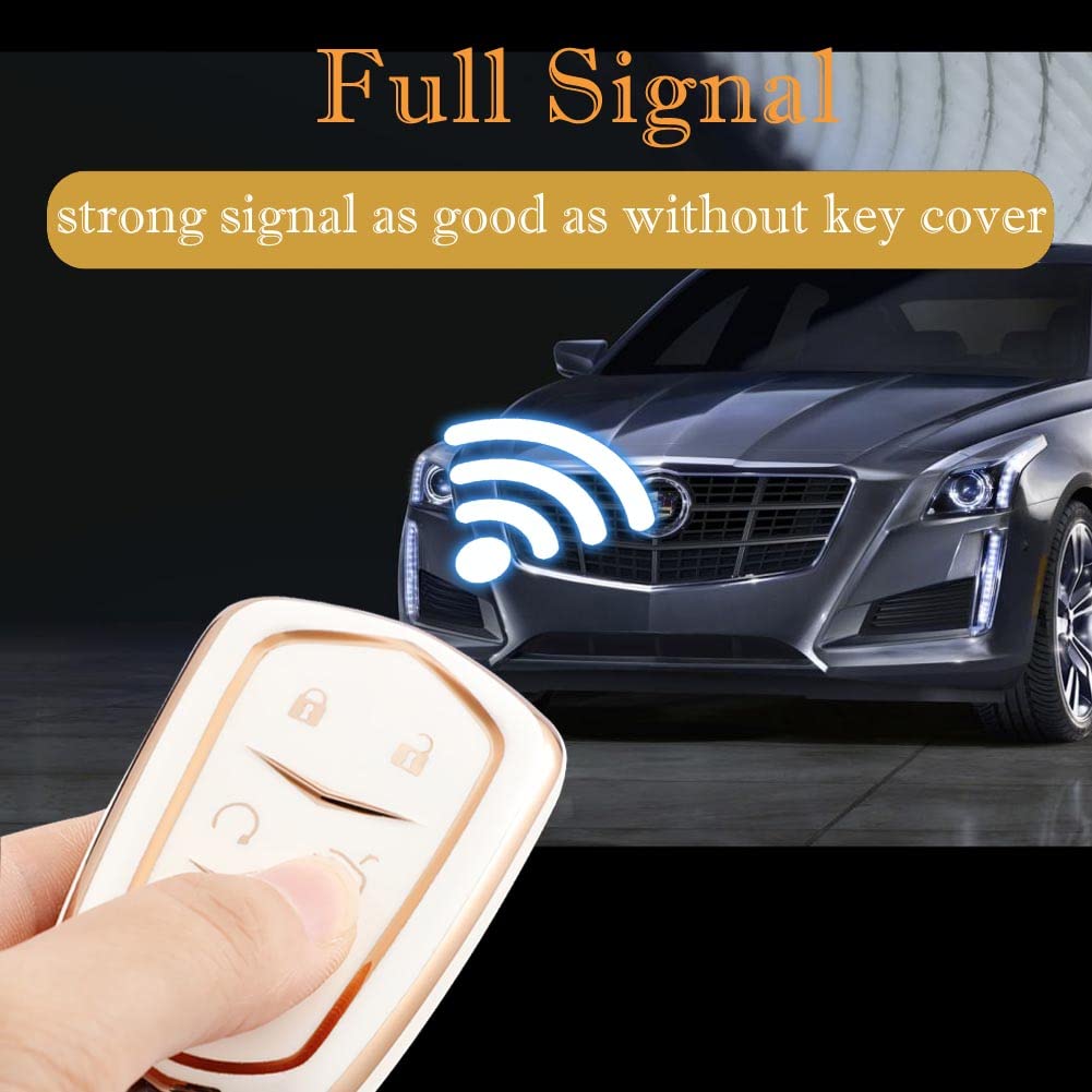Cacacar For Cadillac Key Fob Cover With Keychain, For Cadillac Escalade Ats Cts Ct6 Sts Srx Xt5 Key Fob Case Premium Soft Tpu Full Protection Smart Key Holder (B-Ivory)