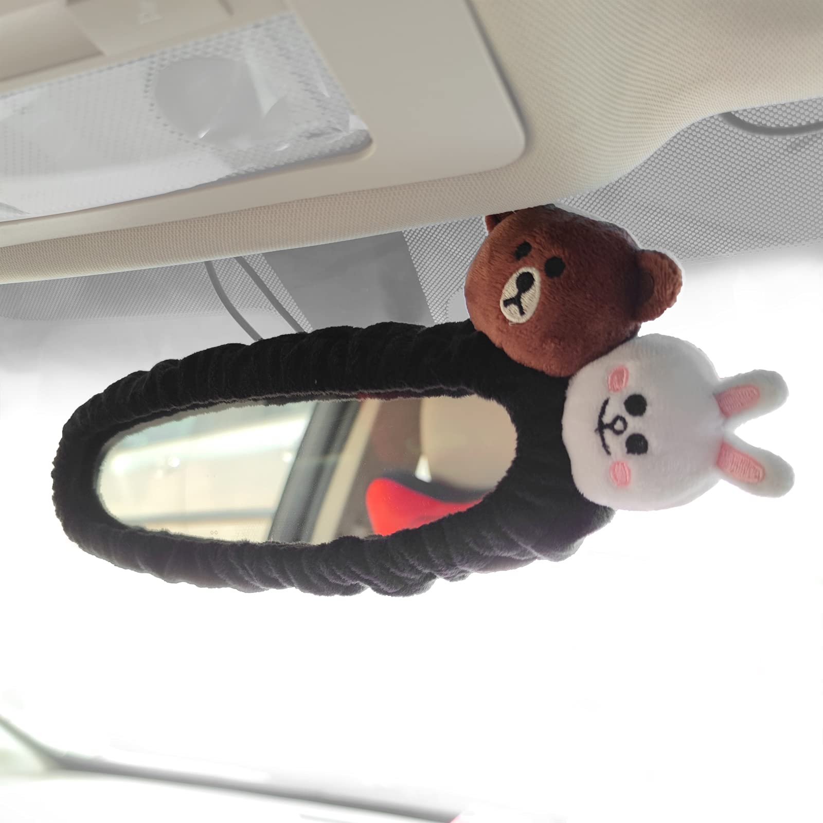 Tianmei Car Inside Rearview Mirror Cover Accessories with Cute Cartoon Doll Decor Interior Trim for Women (Bear Rabbit-Black)
