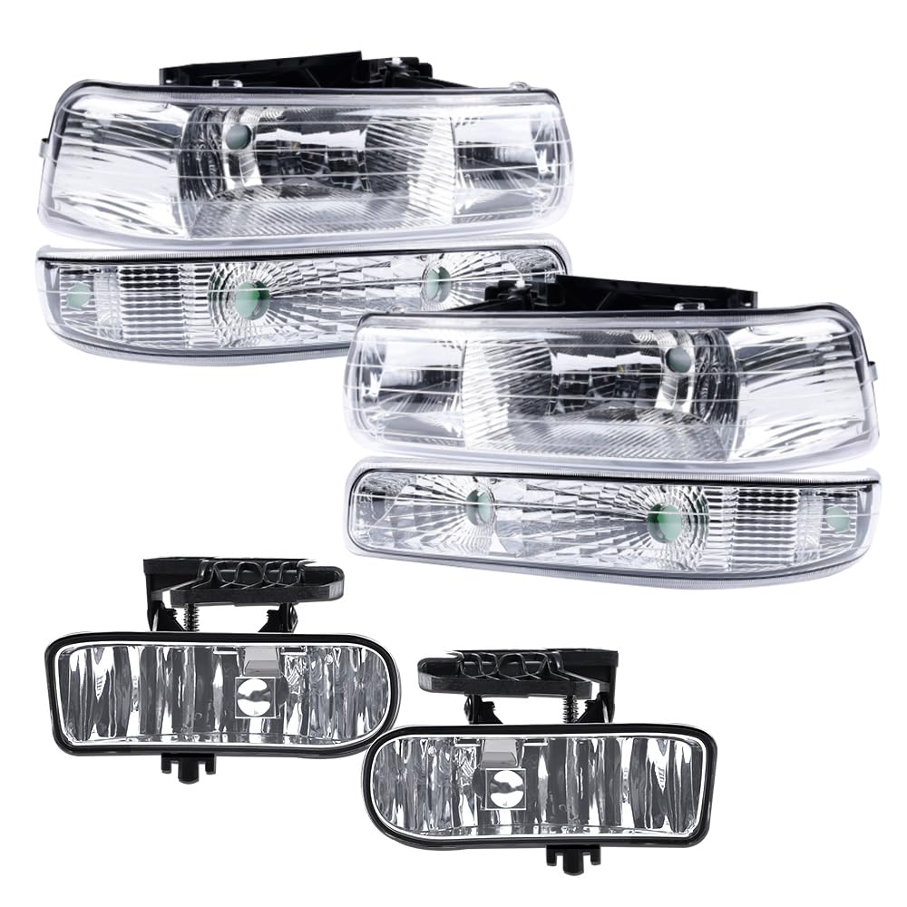 GRAND ORANGE 4Pcs Headlights 2Pcs Fog Lights Combo Compatible with Chevy 1999-2002 Silverado 1500 2500 2000-2006 Suburban Headli