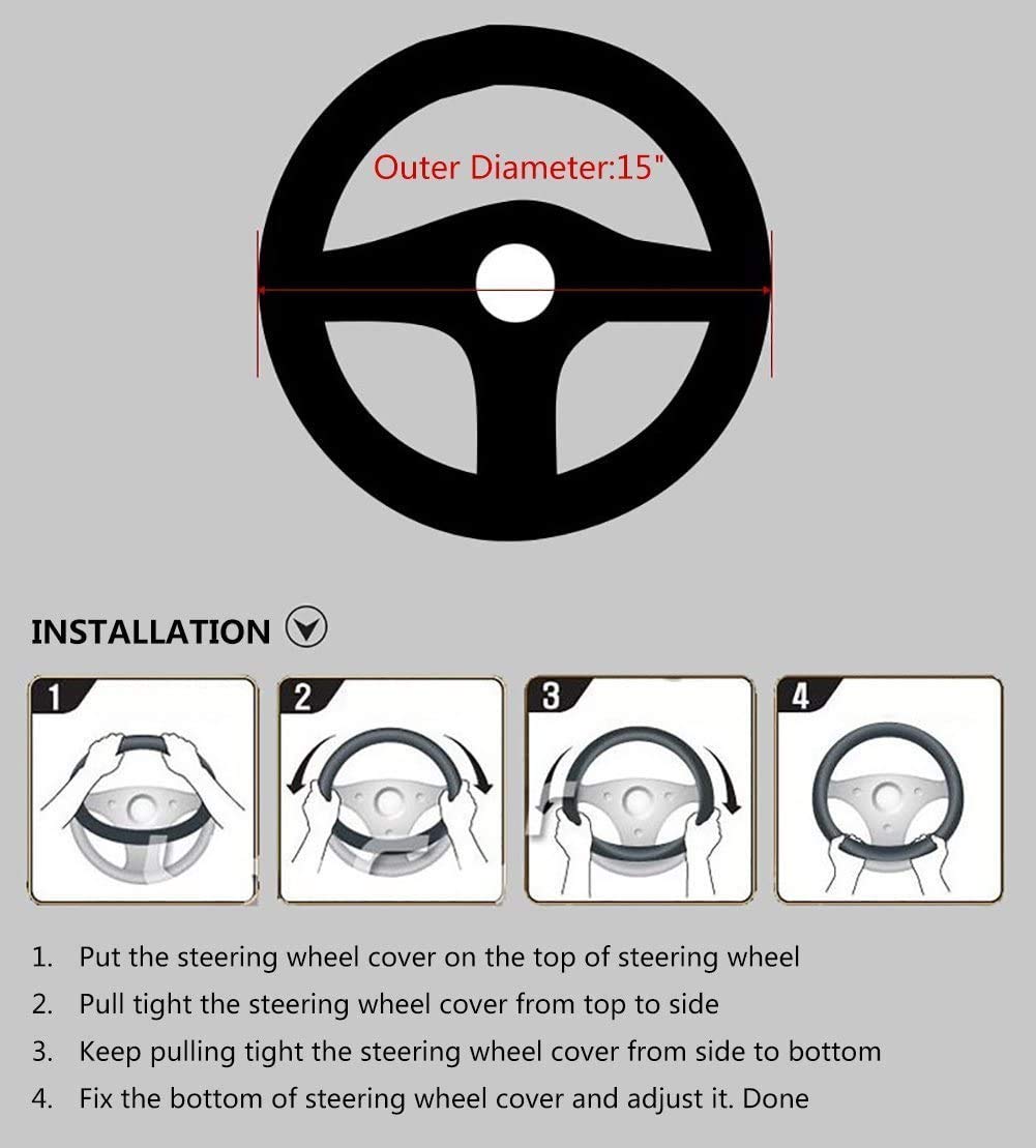 Valleycomfy Steering Wheel Covers Universal 15 Inch - Genuine Leather, Breathable, Anti Slip & Odor Free (White Line, M(14 '' 1/