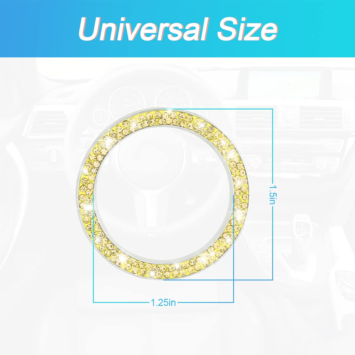 AUKEPO Car Bling Crystal Rhinestone Engine Start Ring Decals, Yellow Push Start Button Cover, Zinc Alloy Interior Accessory, 2 Pack