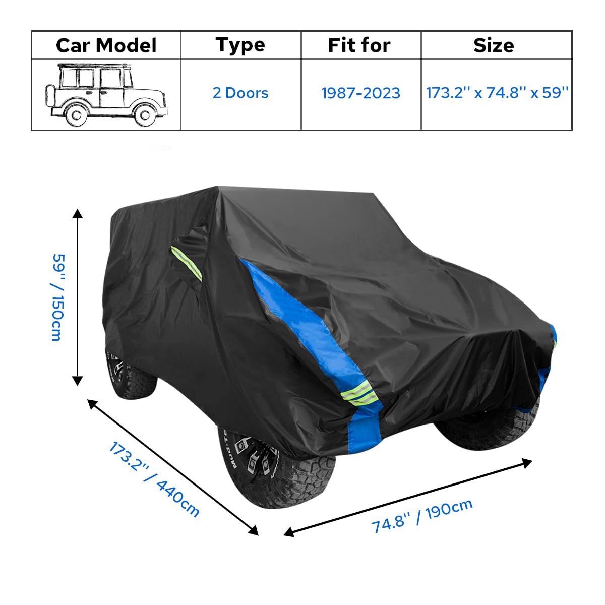 Avecrew Jeep Wrangler Cover, Waterproof 2 Door, All Weather Protection, Black-Blue, Fits JK JL TJ YJ CJ