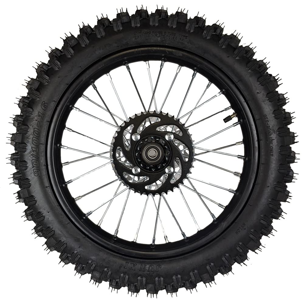 RedCap 16" Rear Wheel Tire Assembly with Brake Rotor & Sprocket for 90/100-16 Dirt Pit Bikes - Black Stainless Steel