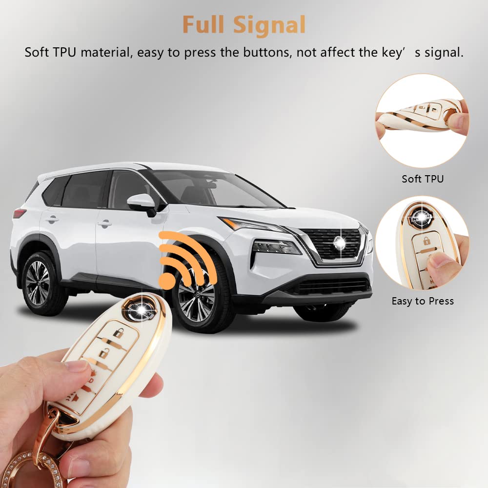 Pifoog Accessories For Nissan Key Cover Tpu Car Keys Shell Chain Waterproof Fit Nissan Altima Sentra Rogue Pathfinder Murano Armada Maxima Versa Remote Key White Girly