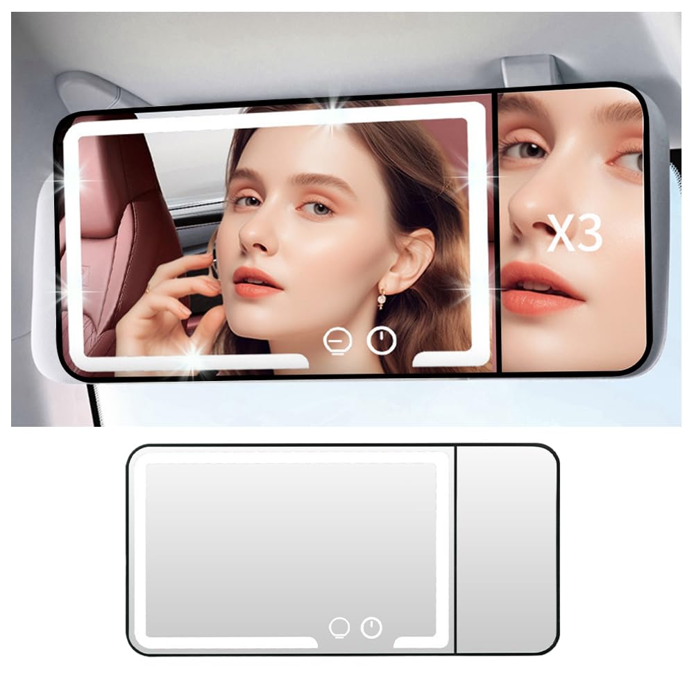 Rechargeable Car Vanity Mirror with Lights,LED Mirror for Car with 3X Magnifying & Adjustable 3-color Light,Upgrade Touchable Ca