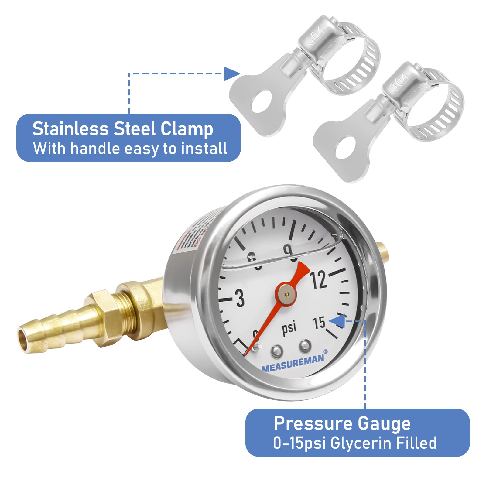 MEASUREMAN Fuel Pressure Gauge Kit, 0-15Psi, Stainless Steel, 1-1/2" Dial, Includes Brass T-Fitting Adapter, Model MA172