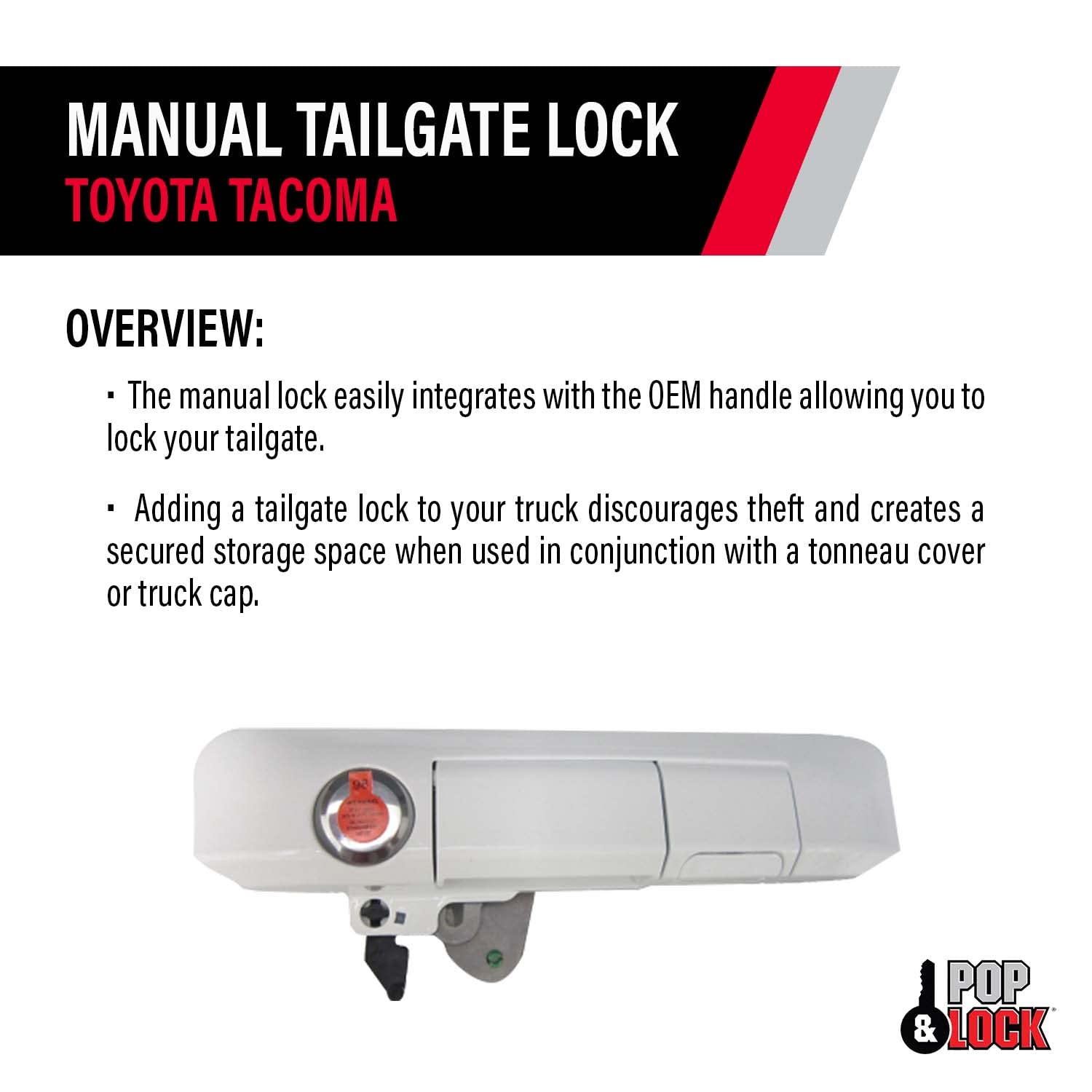 Pop & Lock - Manual Tailgate Lock With Bolt Technology For Toyota Tacoma, Fits 2005 To 2015 Models (Super White, Pl5403)