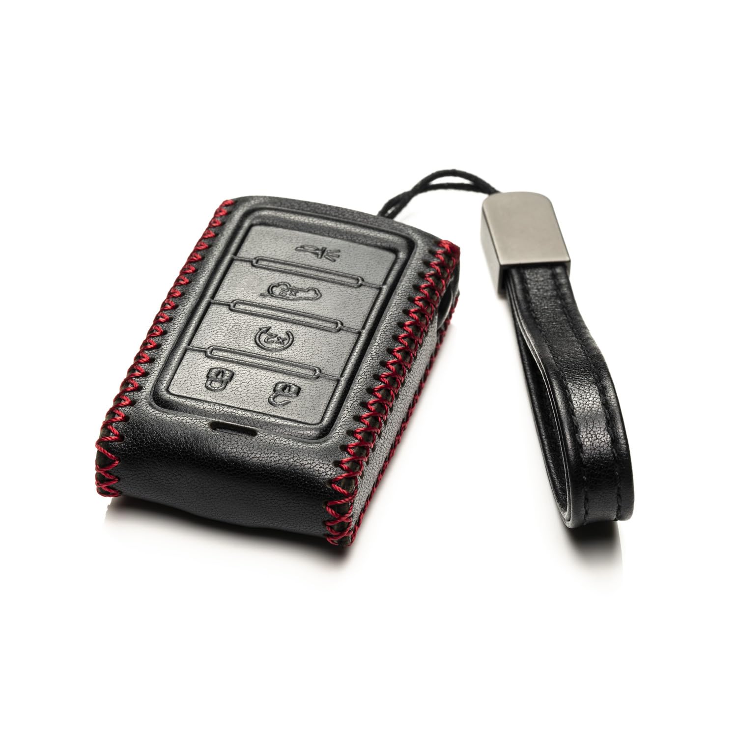 Vitodeco Genuine Leather Smart Key Fob Case for Jeep Wagoneer/Grand Cherokee 2022-2025, New 5-Button, Black/Red
