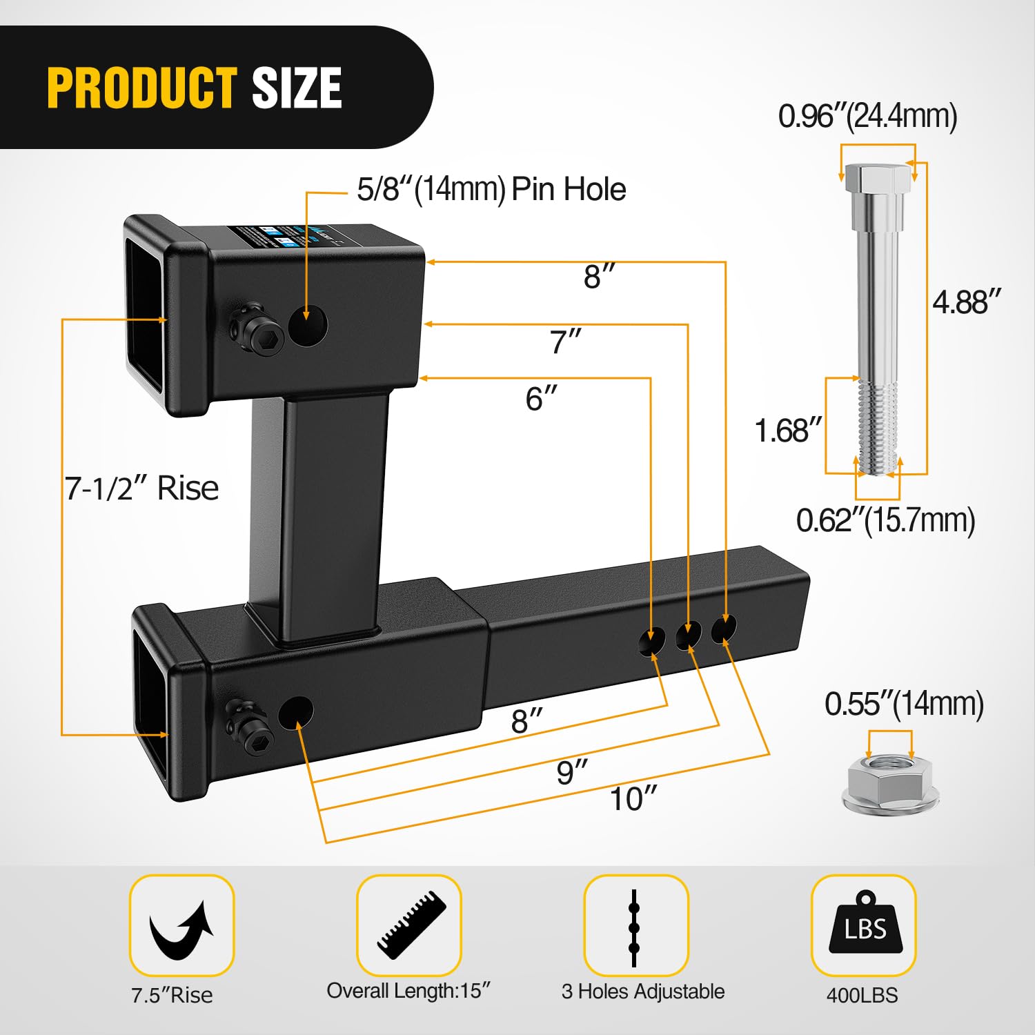 Nilight Dual Hitch Extender To 10 Inch Max Extension Length With Hitch Tightener Anti Rattle For 2 Inch Receiver With 5/8 Inch B