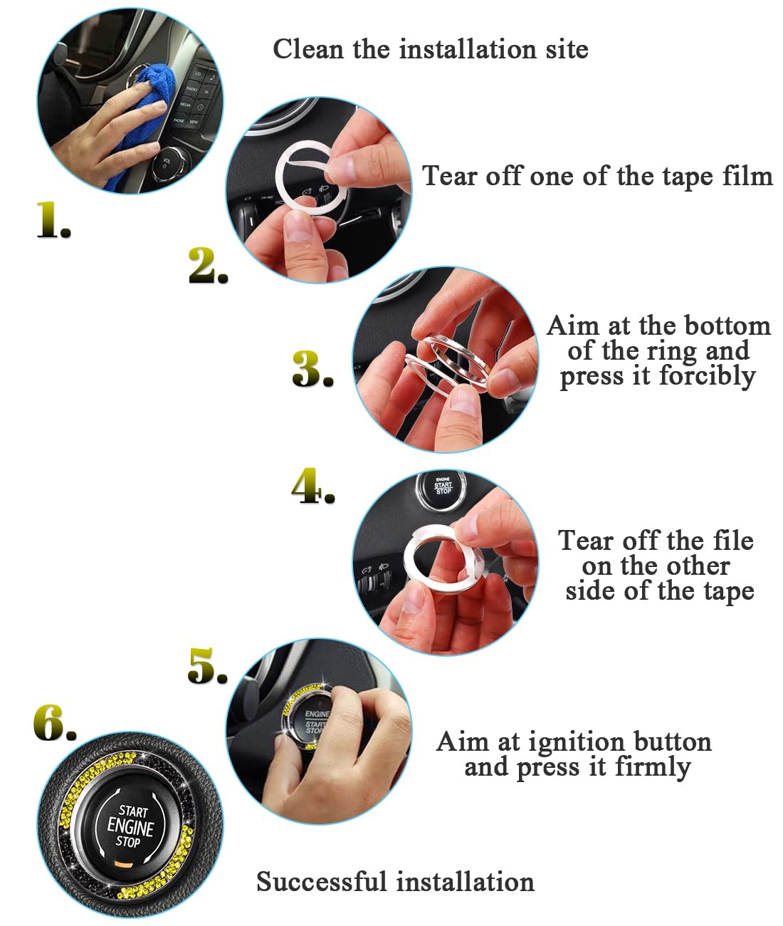 Tobequeen Bling Black Yellow Push Start Button Cover Emblem Sticker, Crystal Diamond Rhinestone Engine Start Ring Car Decor, Yel