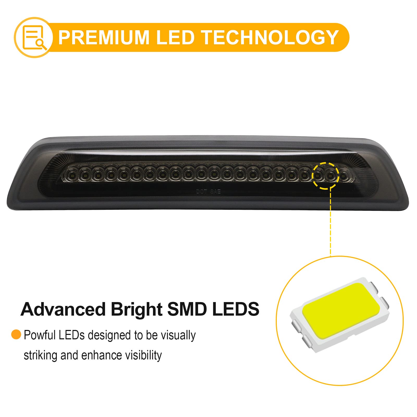 R&F Auto F1 Style Strobe Led Smoked Lens Third Brake Light Replacement For Tundra 2007-2021 Roof Cargo Light Pickup Trucks Chmsl Center High Mount Stop Lamp, Replace Oem# 81570-0C050, 81570-0C051