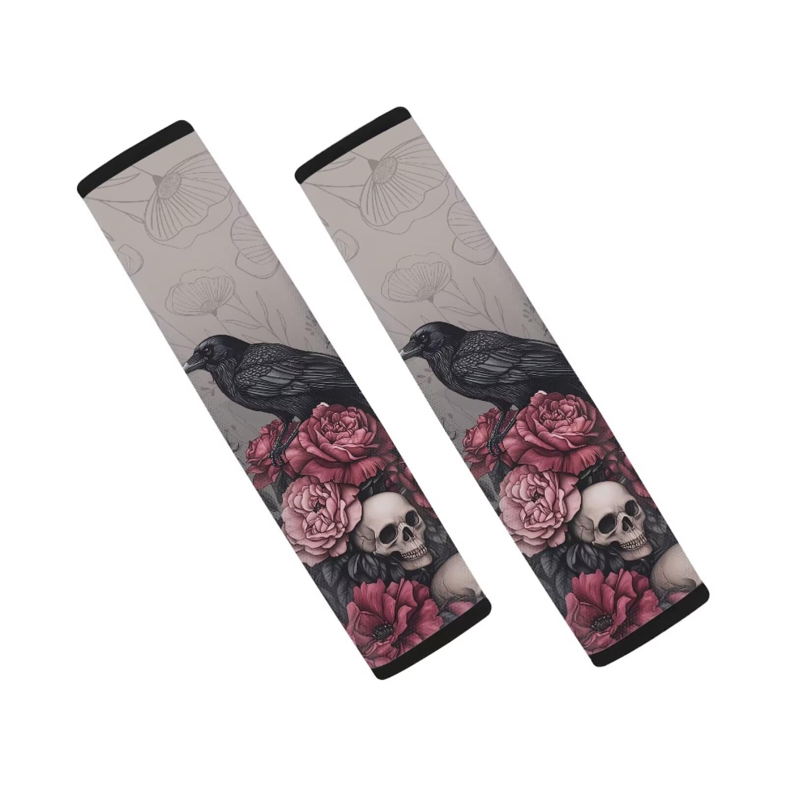 Coldinair Crow Skull Rose Car Seat Belt Pads Seatbelt Covers,Soft Comfort Shoulder Seatbelt Pads Universal Cover Seat Belt Cushi