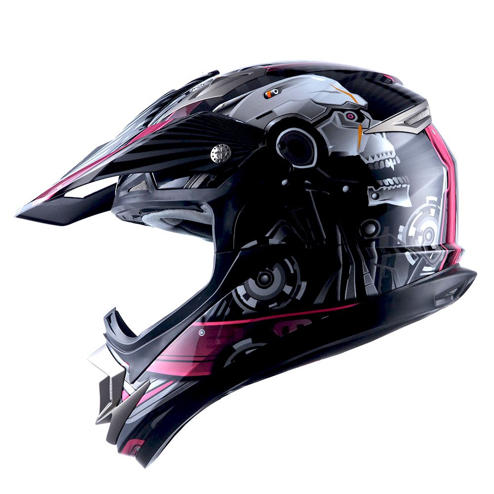 1Storm Adult Motocross Helmet Off Road Mx Bmx Atv Dirt Bike Mechanic + Motorcycle Bluetooth Headset: Skull Pink