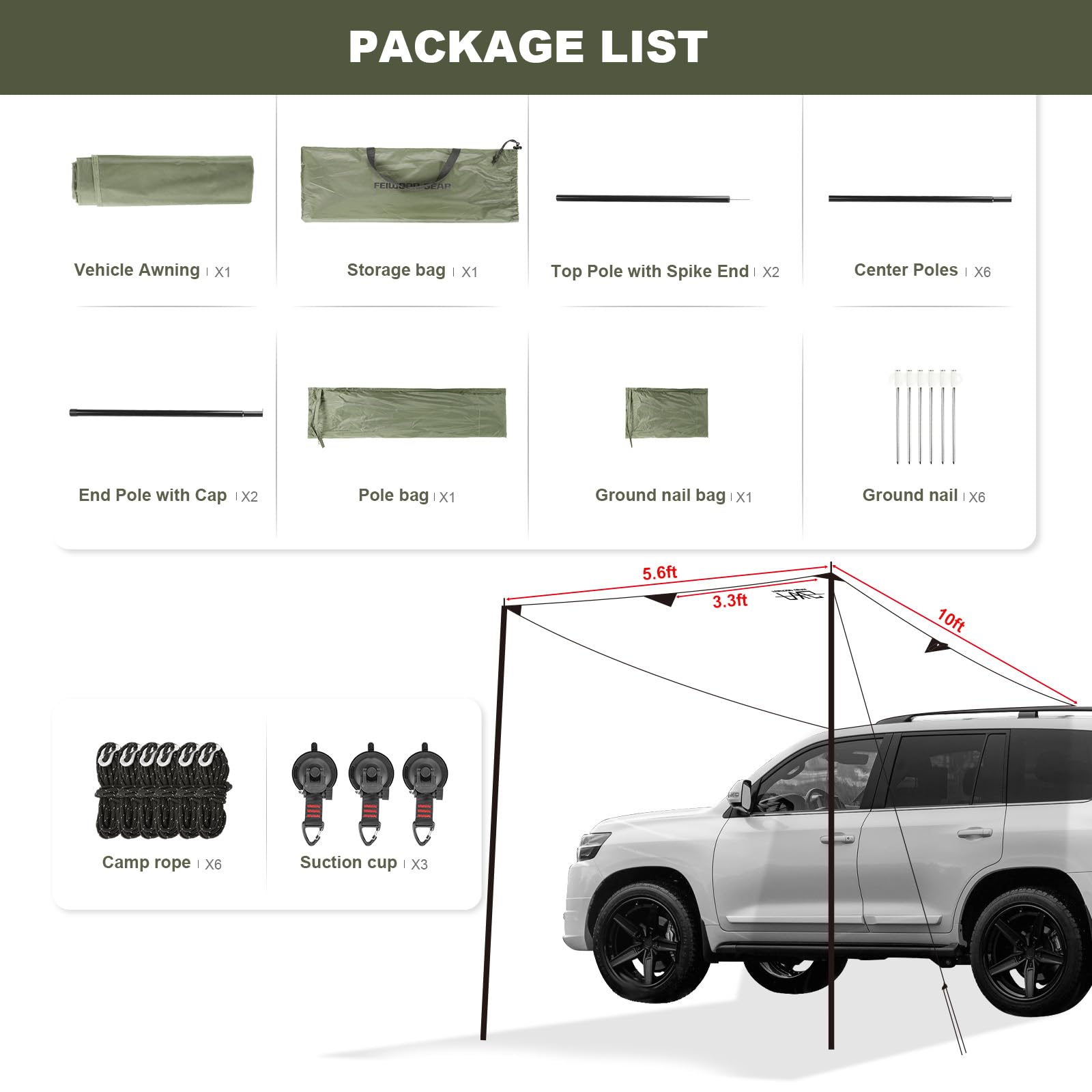 FEIWOOD GEAR Portable Car Awning - Waterproof UV50+ 10x5.6ft Dark Green for SUVs & Vans