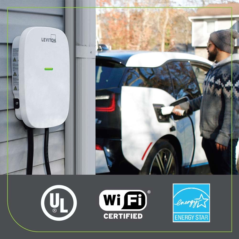 Leviton Level 2 Smart EV Charger, 48 Amp, 11.6 kW, Wi-Fi, Hardwired, Indoor/Outdoor, Model EV48W, 18' Cable