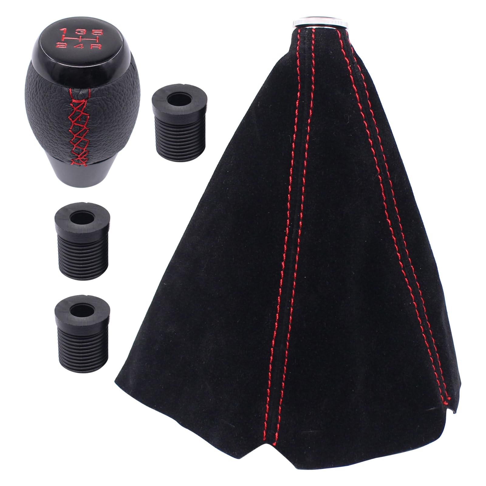 ApplianPar 5 Speed Black Leather Gear Shift Knob and Suede Boot Red Stitch Shifter Lever Boot Knob Cover Combo Kit for Civic CRX