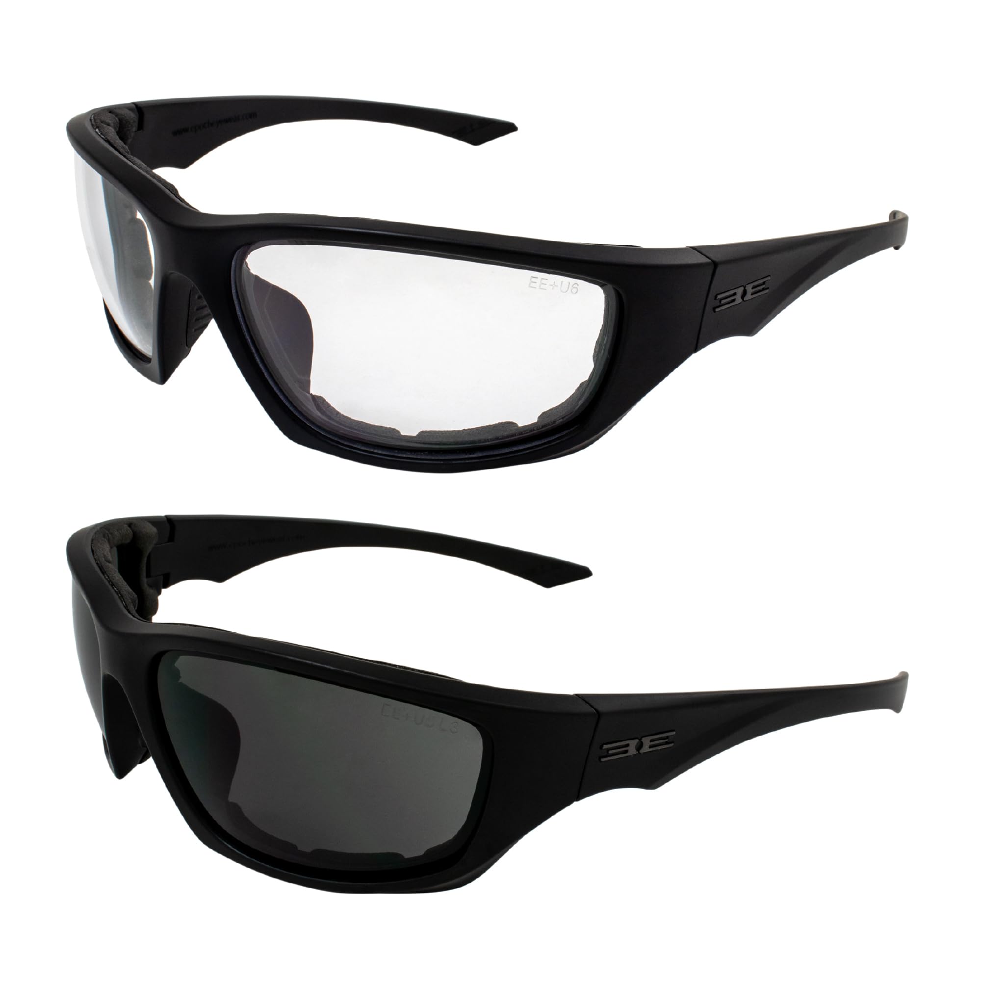 2 Pair Epoch Foam-3 Padded Motorcycle Sunglasses Black Frames 1 With Smoke Lens, 1 With Clear Lens