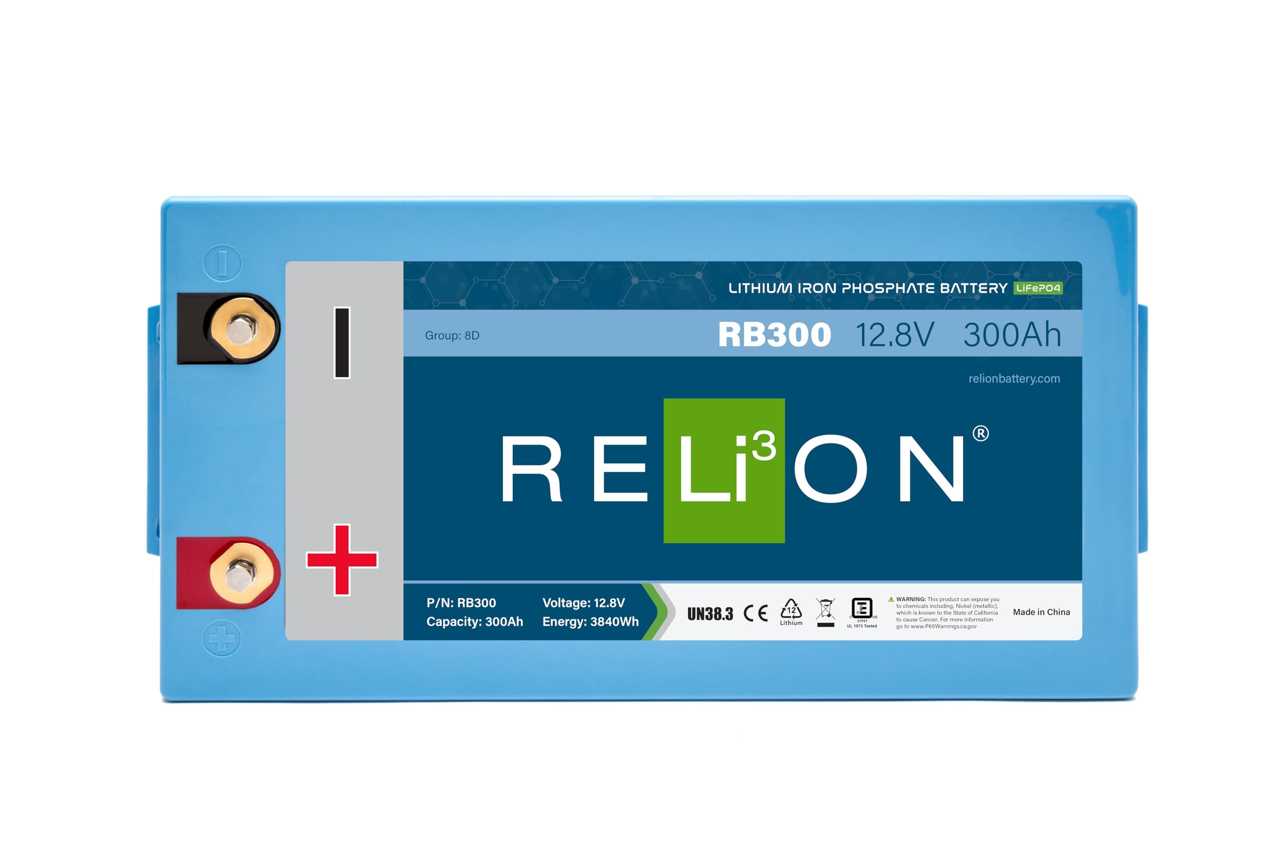 RELiON RB300 LiFePO4 12V 300Ah Lithium Battery - Waterproof, 10 Year Warranty, Ideal for Marine, RV, Off Grid - Blue
