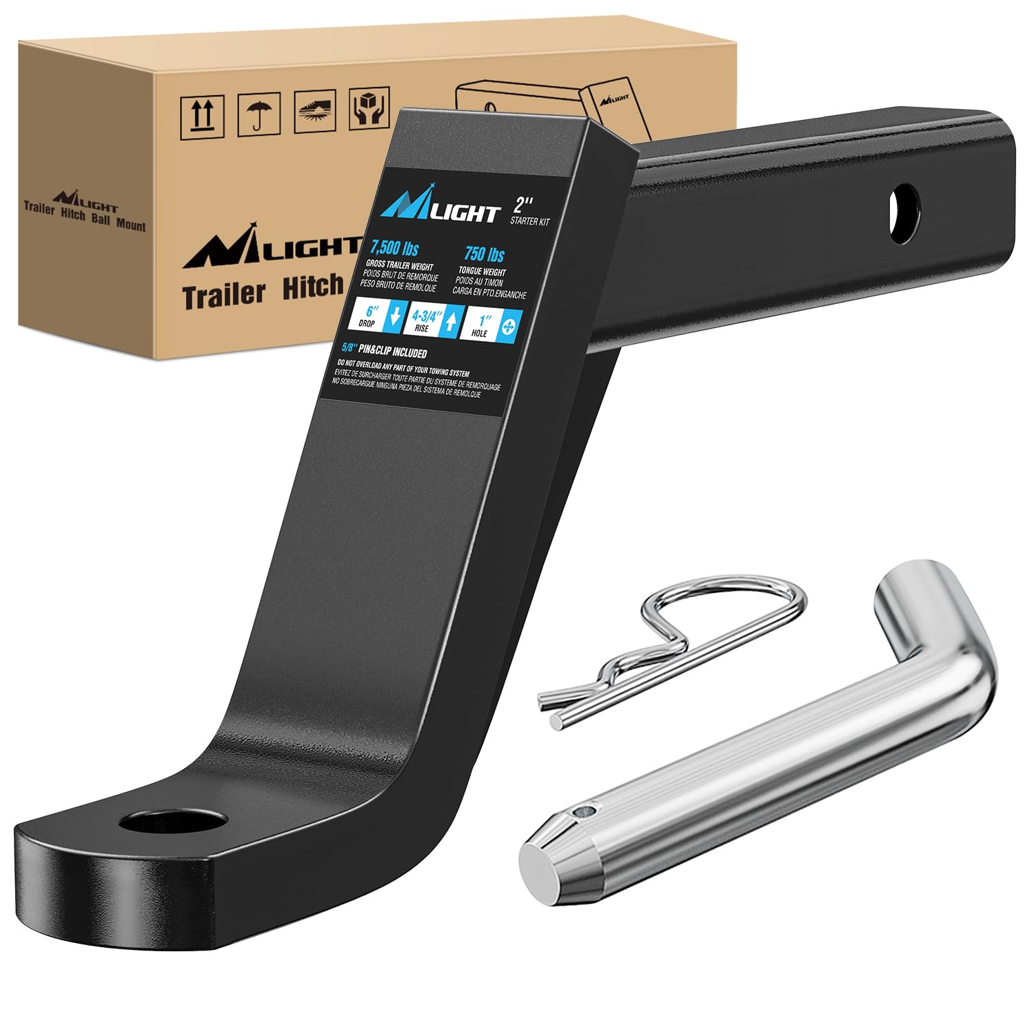 Nilight Trailer Hitch Ball Mount With 5/8'' Hitch Pin Clip Fits 2 Inch Receiver Square 7500 Lbs 6'' Drop 4-3/4    Rise 1    Hole