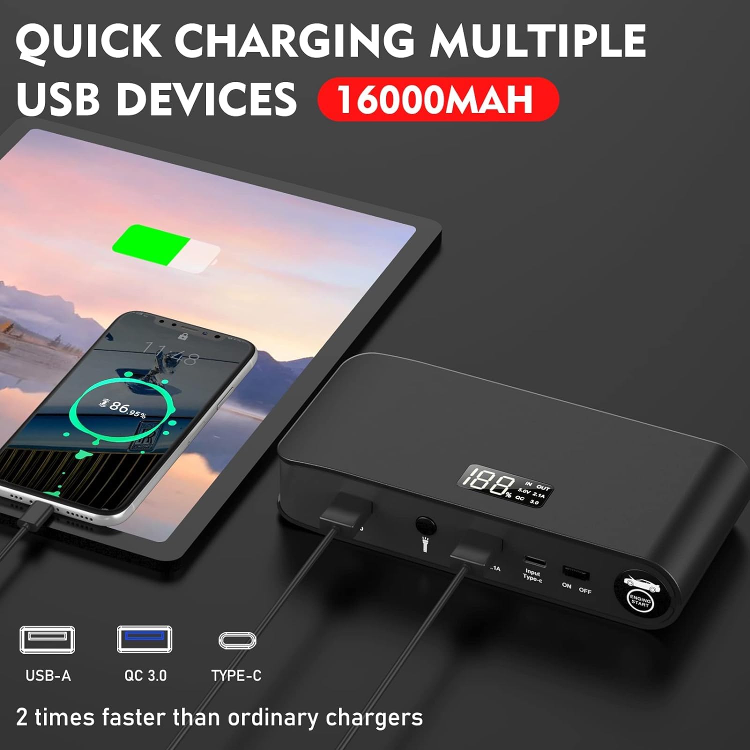 BooKoo 1600A Battery Jump Starter 16000mAh 12V Car Starter with QC 3.0, Portable USB, Model Q6, Ideal for Auto & Motorcycle Use