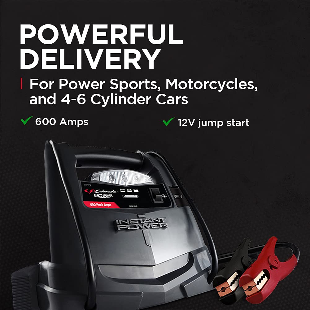 Schumacher SJ1329 Jump Starter - 600 Peak Amps, 12V Portable Power for Motorcycles & 4-6 Cylinder Cars, Black