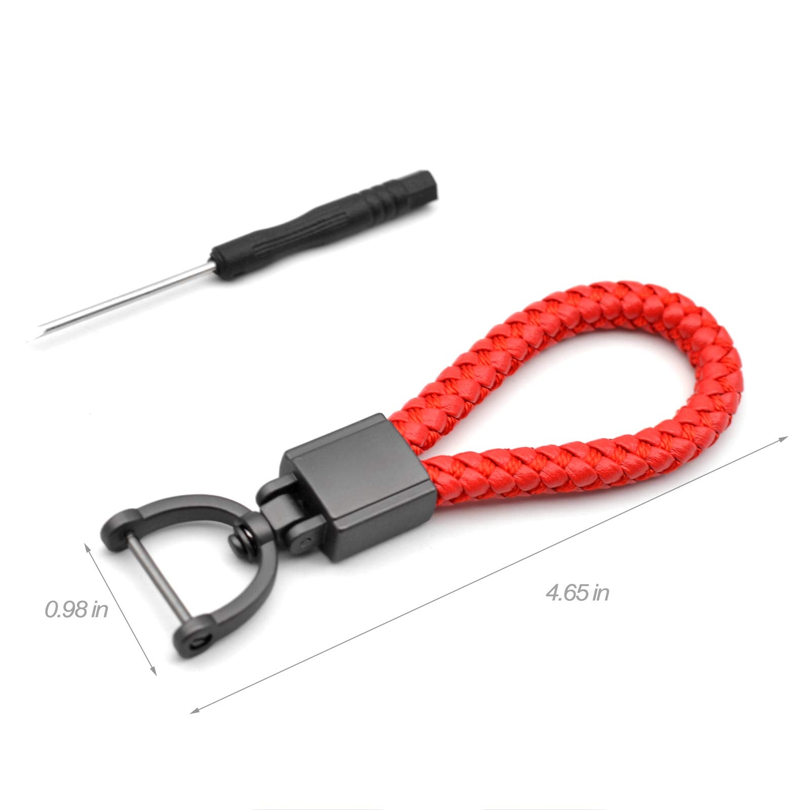 Feyoun Universal Red Leather Car Fob Keychain Metal Keyring Woven Strap Braided Rope Key Chain For Men And Women - Matte Black Color, With 360 Degree Rotatable D-Ring And Screwdriver