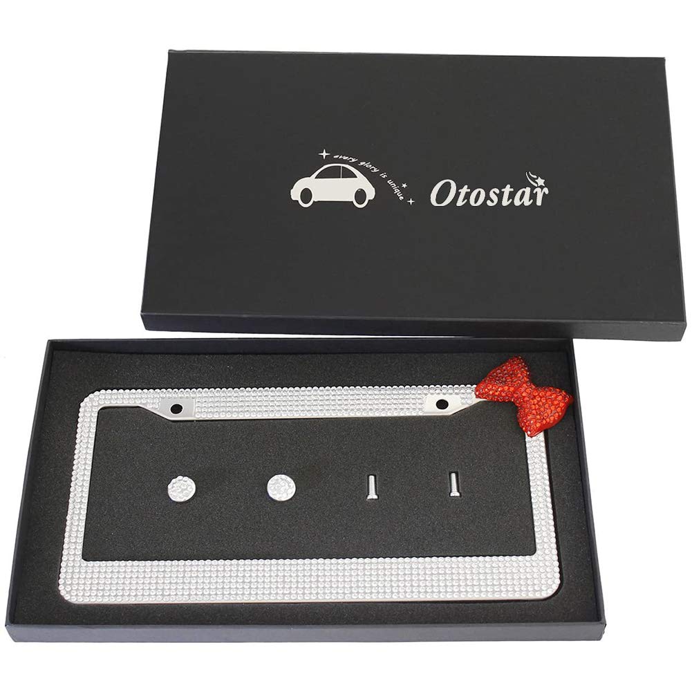 Otostar 7 Row Pure Handmade Waterproof Bling Bling Rhinestones Stainless Steel Metal License Plate Frame With 2 Holes With Match