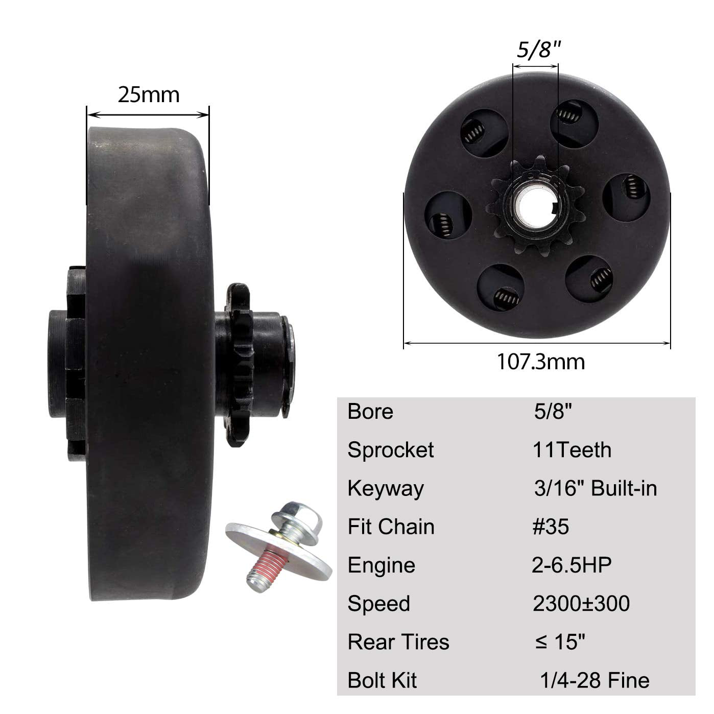 FDJ Mini Bike Clutch 5/8" 11 Tooth with Predator Engine Go Kart Kit, Bolt & Washers