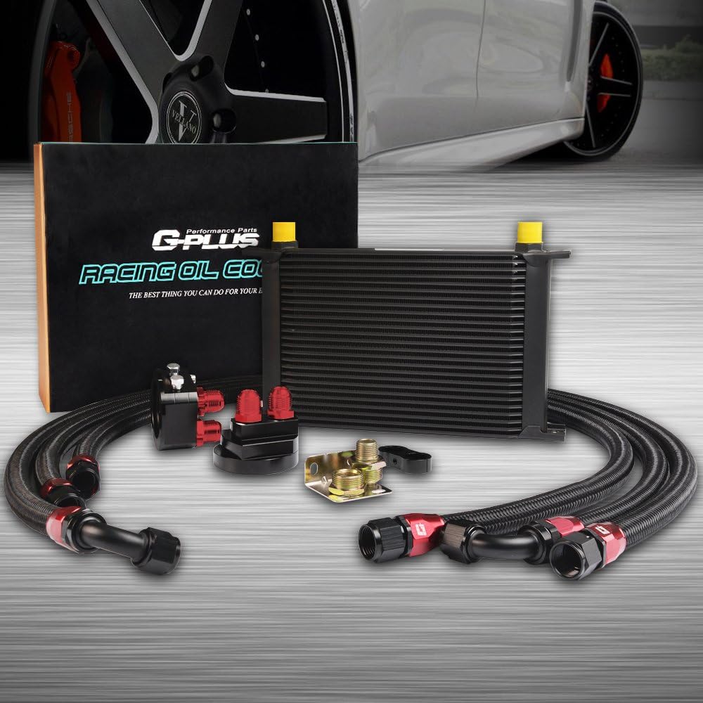G-PLUS Universal 25 Row 10AN-AN10 Black Engine Transmission Oil Cooler Kit & Oil Filter Relocation Kit Aluminum