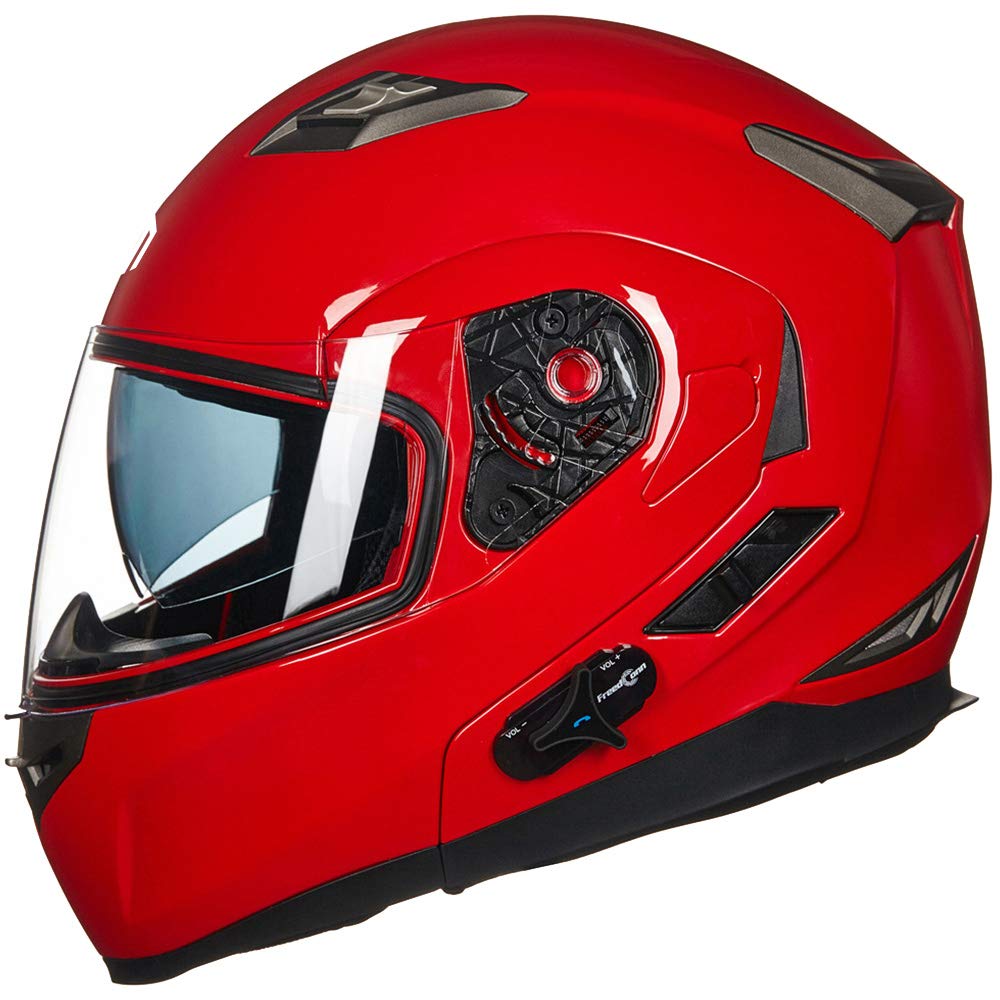 Ilm Bluetooth Integrated Modular Flip Up Full Face Motorcycle Helmet Sun Shield Mp3 Intercom Model 953Pro (M, Red)