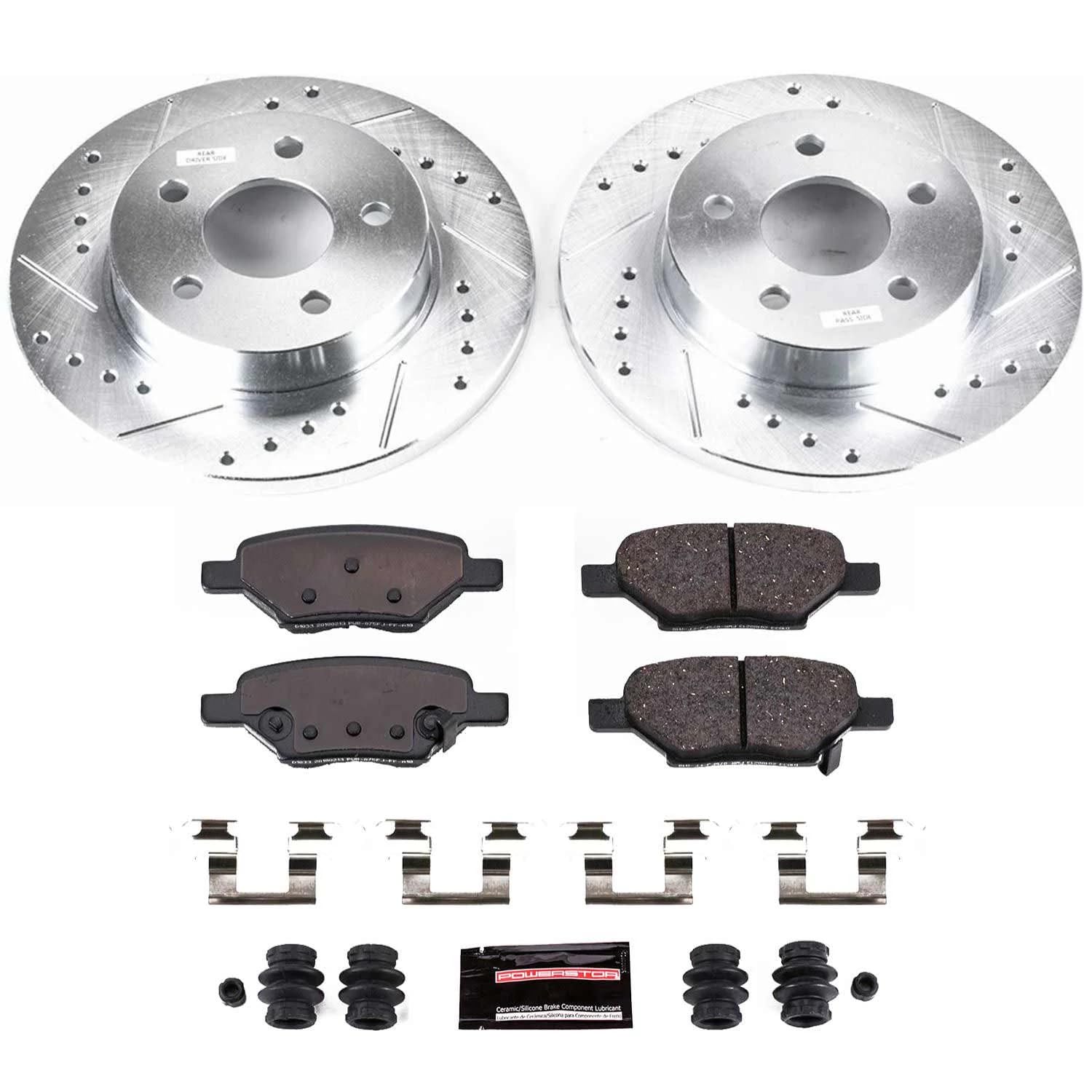Power Stop K1616 Rear Z23 Carbon Fiber Brake Pads with Drilled and Slotted Brake Rotors Kit For Chevy Cobalt HHR Malibu | Pontia