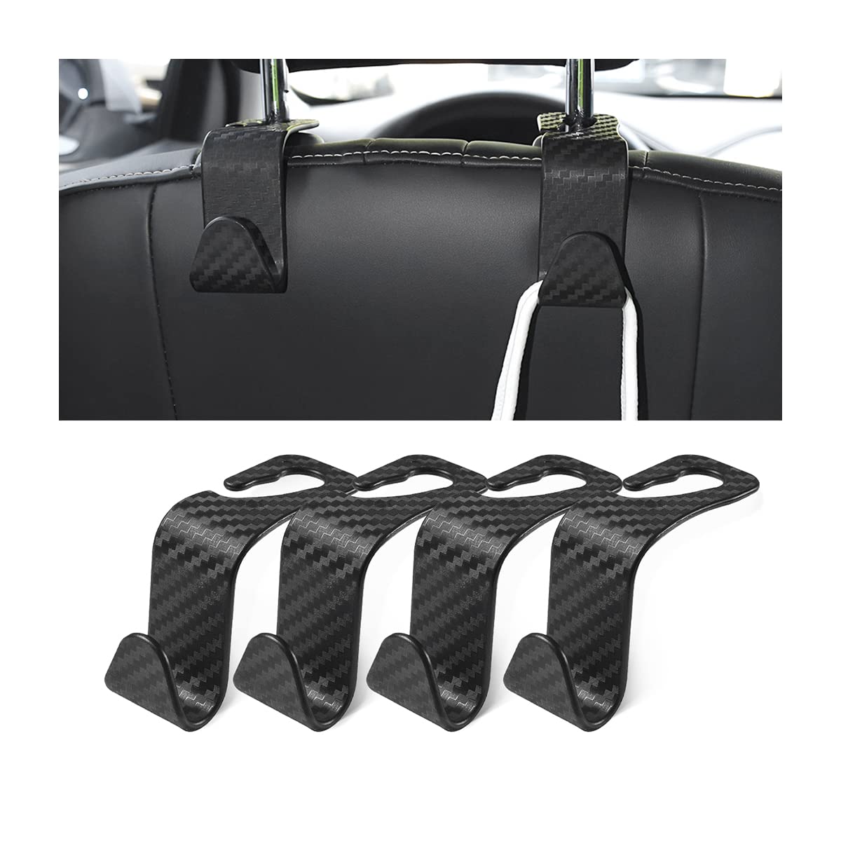 Hanemia Car Back Seat Headrest Hooks, 4 Pack Carbon Fiber Stylish Back Seat Hanger For Car Handbag Clothes Coats Grocery Bags, C