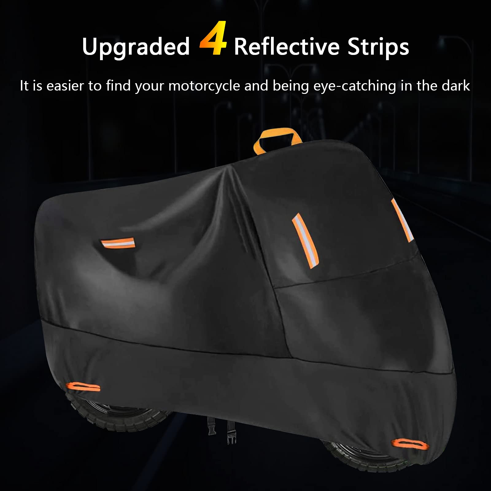 Seceles 300D Heavy Duty Motorcycle Cover, Waterproof, Fits up to 78", Black, with 4 Reflective Strips and Storage Bag